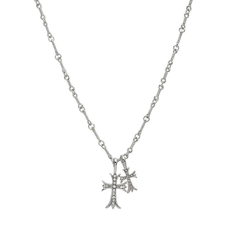 Silver Double Cross Pendant Necklace, Gothic Rhinestone Layered Necklace for Women