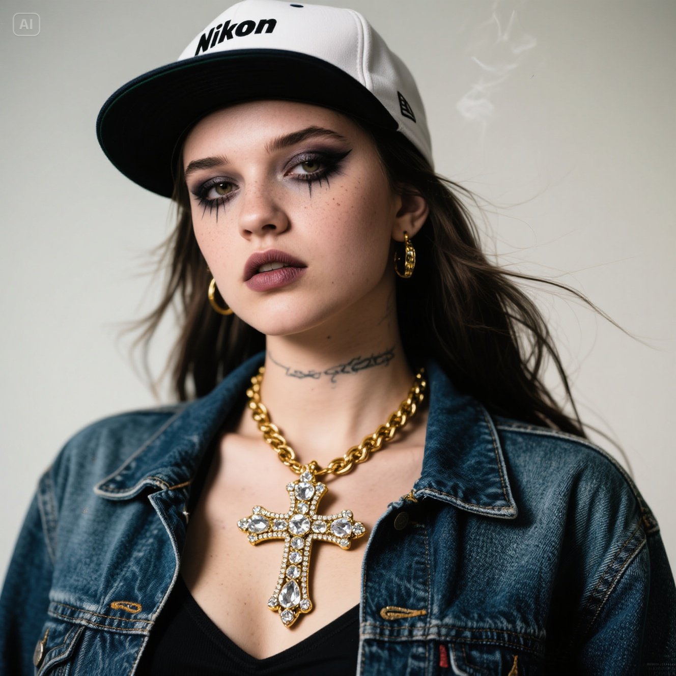 Large Diamond Cross Pendant Necklace, 18K Gold Plated Punk Hip-Hop Statement Chain