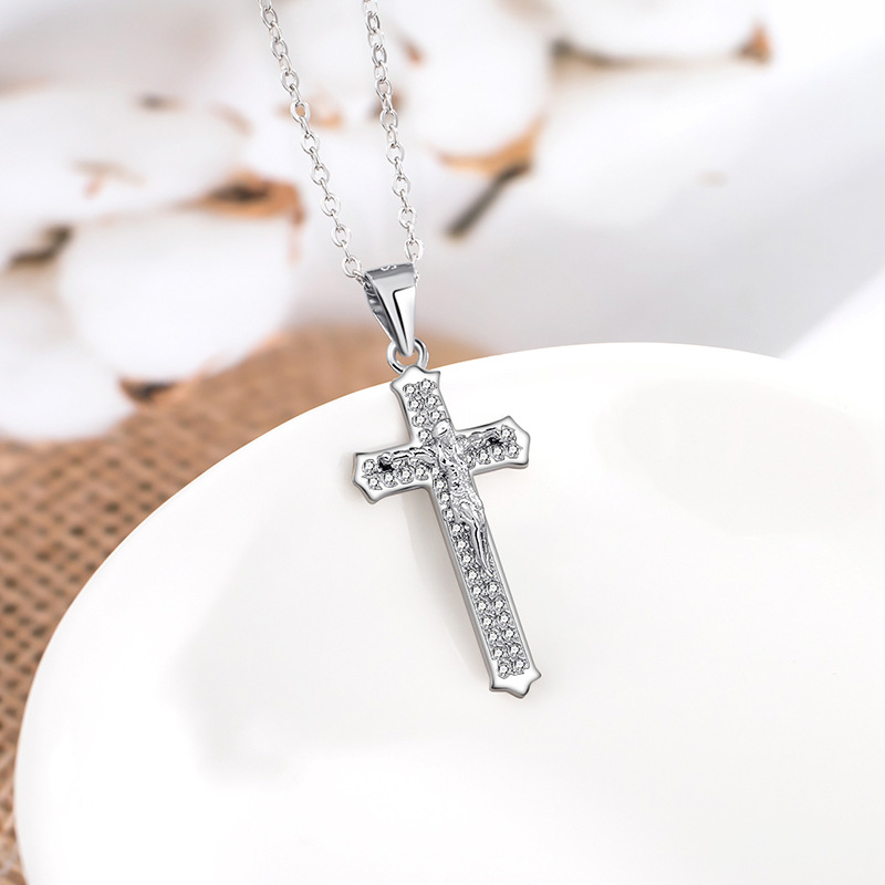 Large 925 Sterling Silver Crucifix Pendant Necklace – Pave Cubic Zirconia Jesus Cross Large Silver Pendant