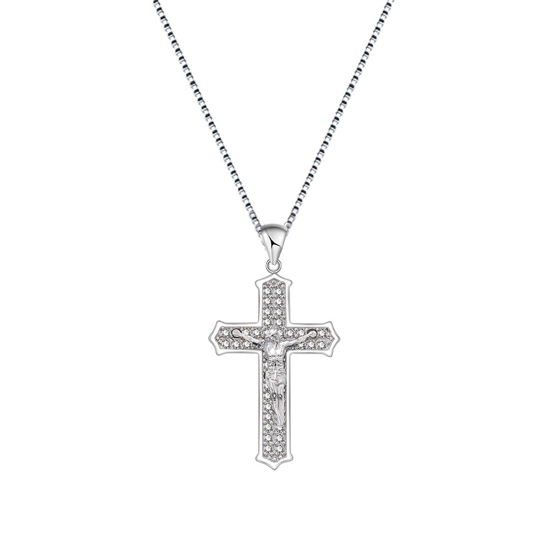Large 925 Sterling Silver Crucifix Pendant Necklace – Pave Cubic Zirconia Jesus Cross Large Silver Pendant