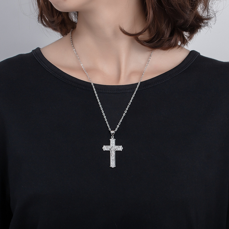 Large 925 Sterling Silver Crucifix Pendant Necklace – Pave Cubic Zirconia Jesus Cross Large Silver Pendant