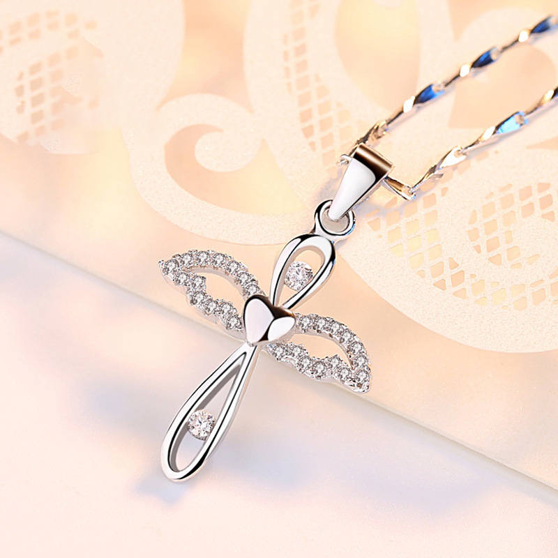 Large Sterling Silver Angel Cross Pendant Necklace