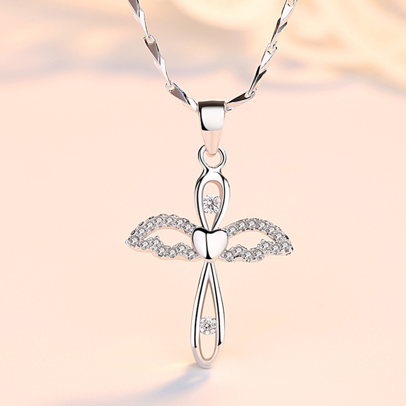 Large Sterling Silver Angel Cross Pendant Necklace