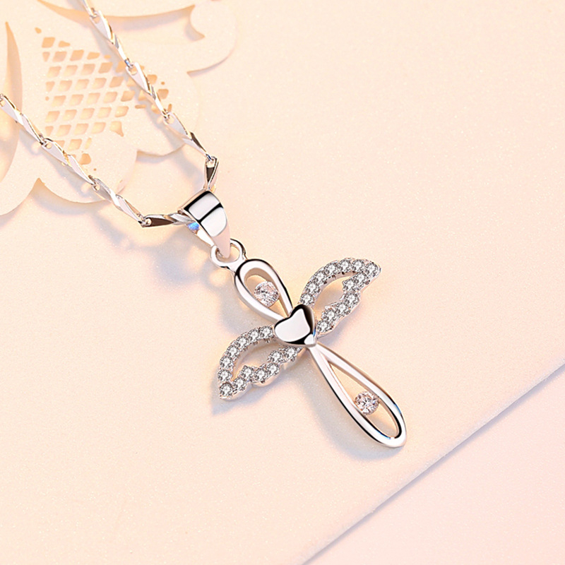Large Sterling Silver Angel Cross Pendant Necklace