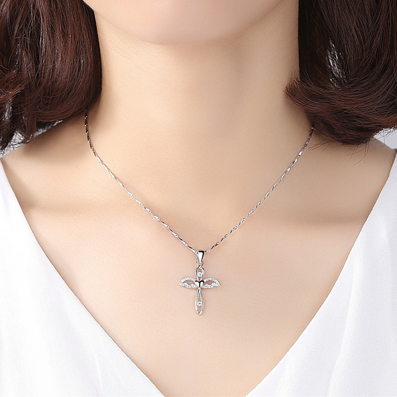 Large Sterling Silver Angel Cross Pendant Necklace