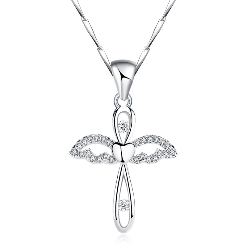 Large Sterling Silver Angel Cross Pendant Necklace