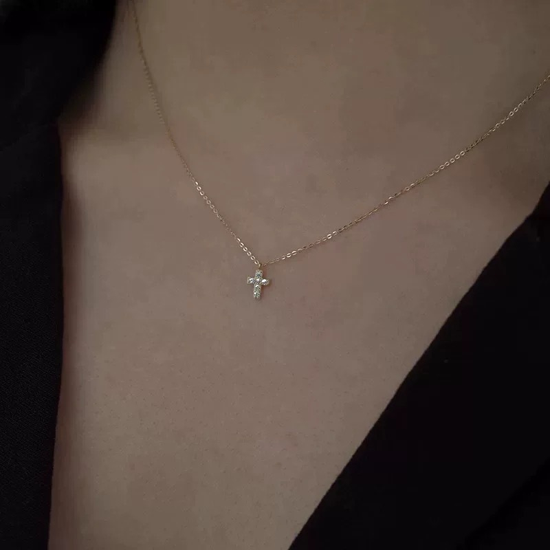 Dainty Diamond Cross Necklace Gold – Little Short Diamond Necklace for Women