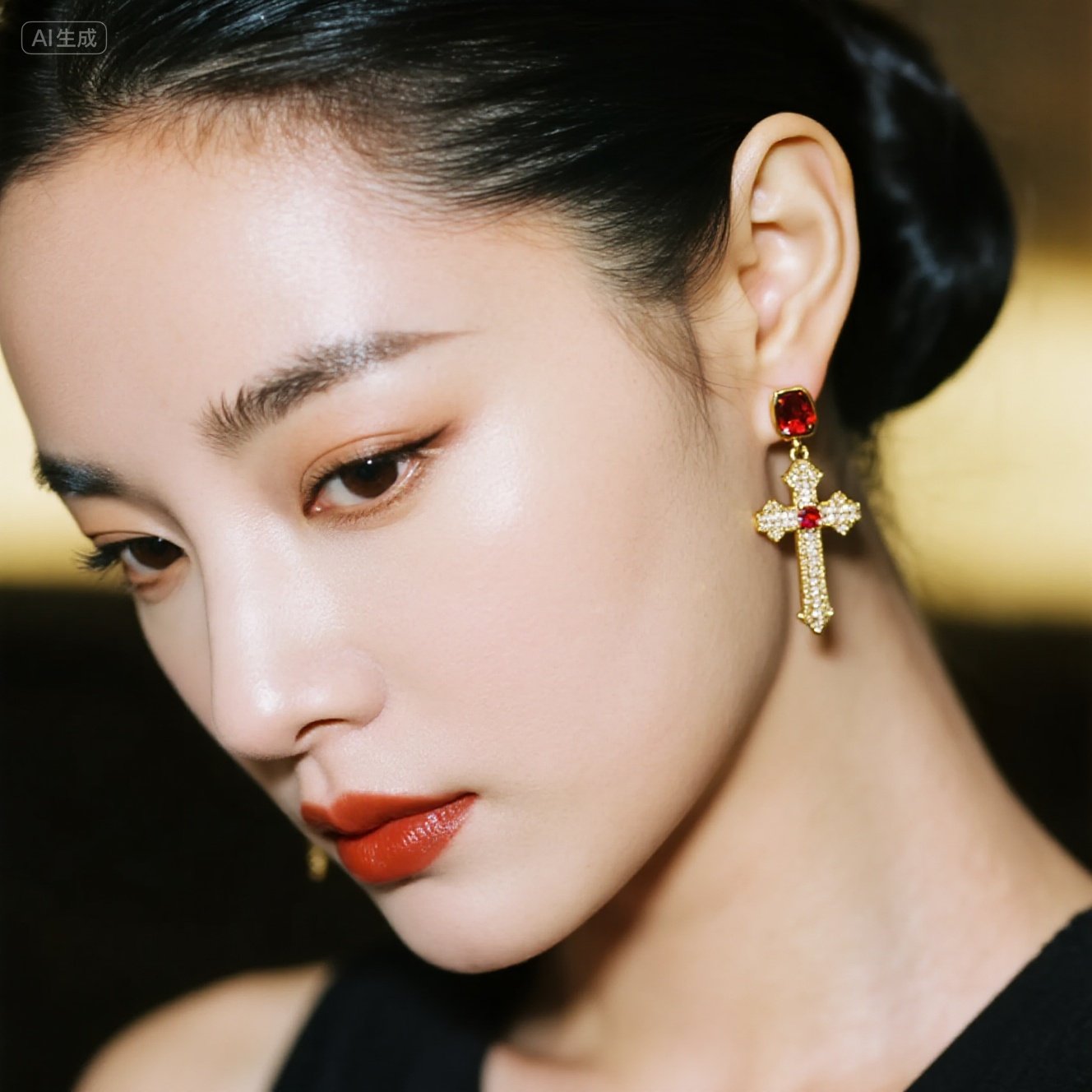 Luxury Gold Cross Earrings with Red Gemstone – Elegant Statement Jewelry