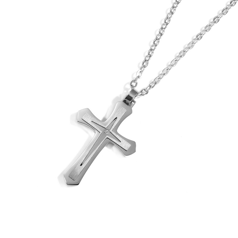 Male Sterling Silver Cross Necklace with Cubic Zirconia - White Gold Look