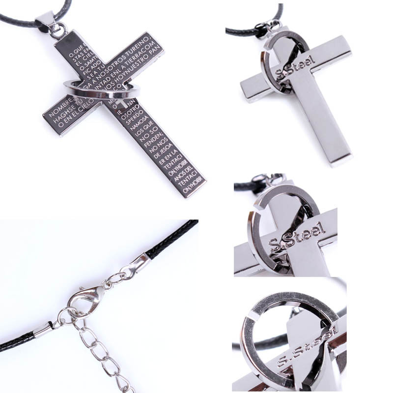 Men’s Prayer Cross Pendant Necklace, White Gold Stainless Steel, Lord’s Prayer Engraved, Religious Jewelry