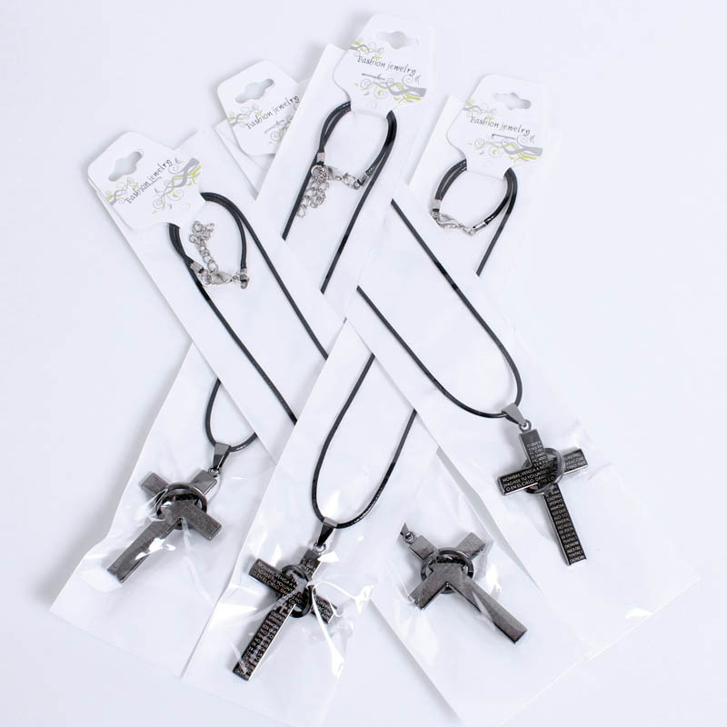 Men’s Prayer Cross Pendant Necklace, White Gold Stainless Steel, Lord’s Prayer Engraved, Religious Jewelry