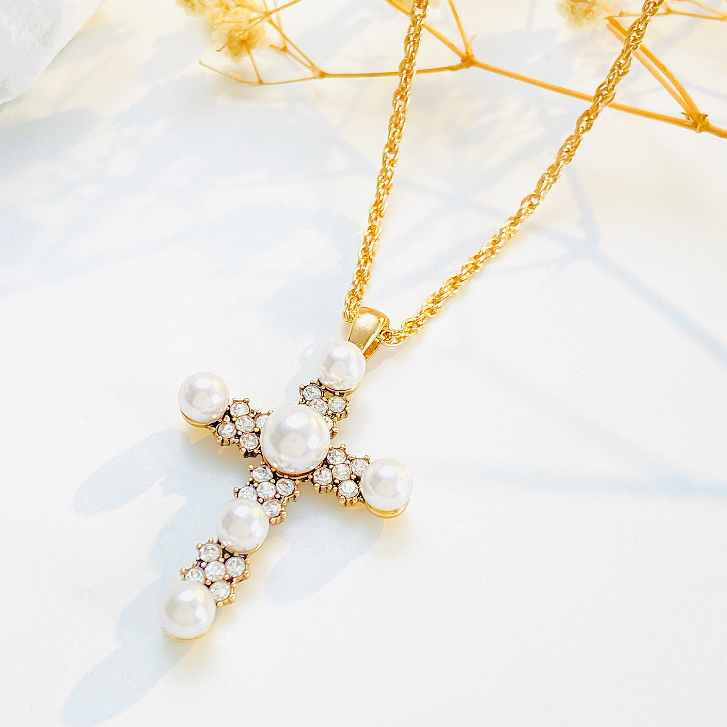 Couples Pearl Cross Necklace – Matching Gold Plated Religious Necklaces