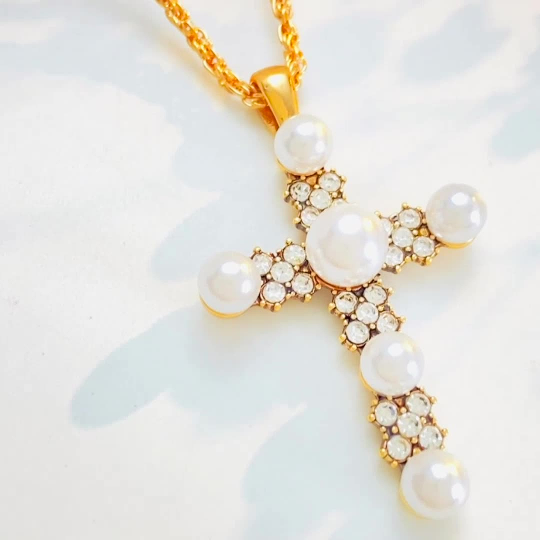 Couples Pearl Cross Necklace – Matching Gold Plated Religious Necklaces