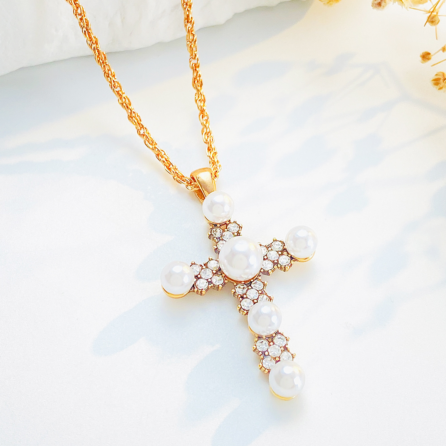 Couples Pearl Cross Necklace – Matching Gold Plated Religious Necklaces
