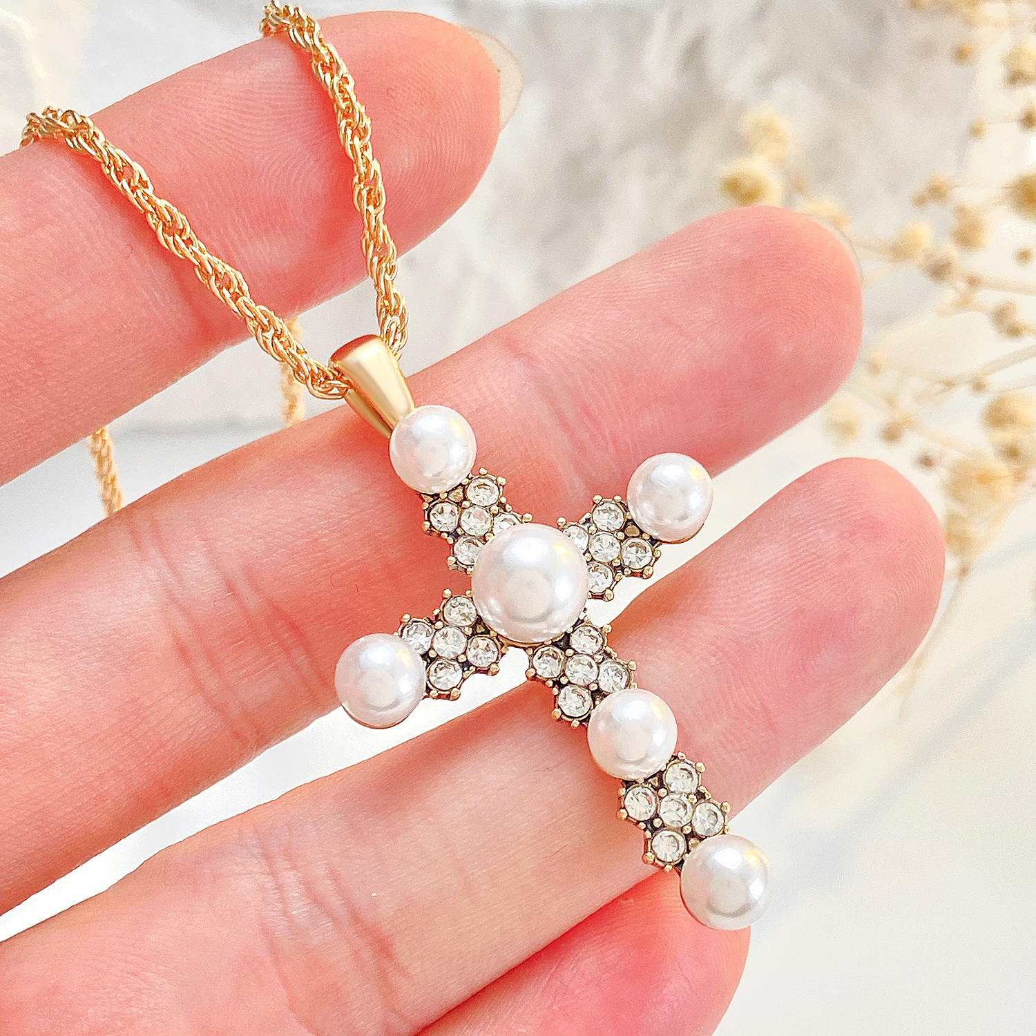 Couples Pearl Cross Necklace – Matching Gold Plated Religious Necklaces