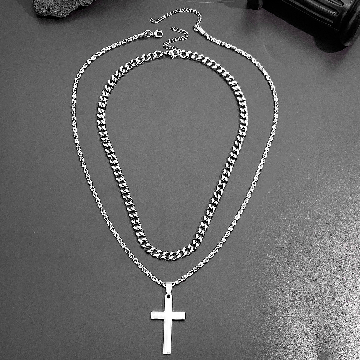 Men’s Simple Cross Necklace, Classic Silver Stainless Steel Pendant Chain