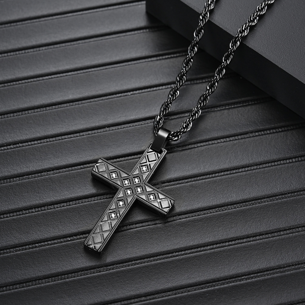 Men's Religious Black Diamond Cross Necklace – Durable and Stylish Design