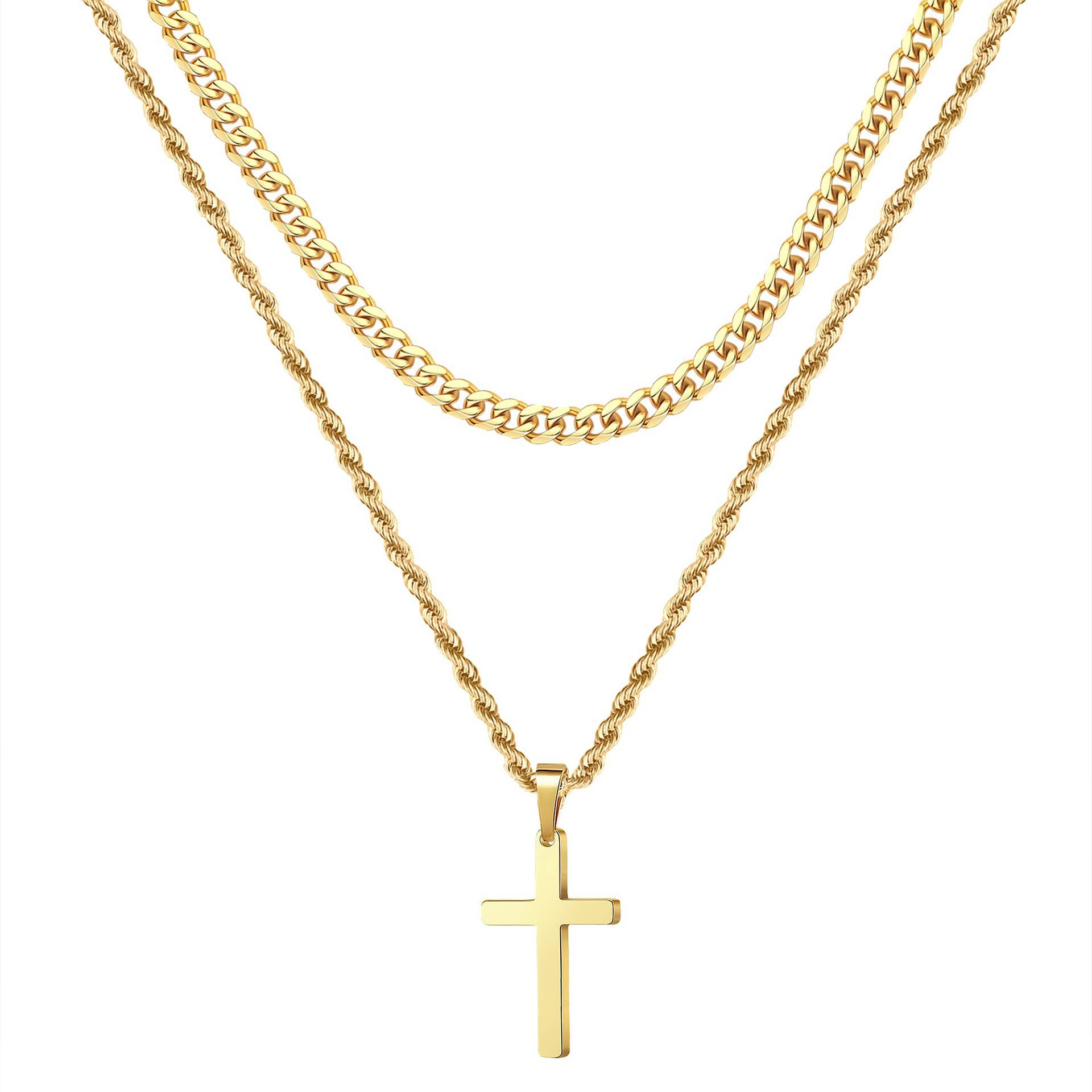 Minimalist Double-Layer Men’s Christian Cross Necklace | Designer Religious Chain