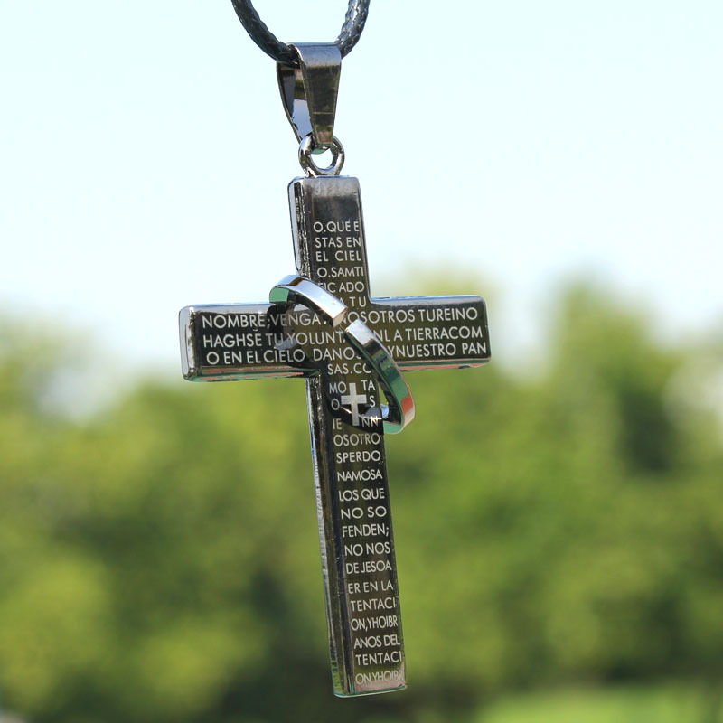 Men’s Prayer Cross Pendant Necklace, White Gold Stainless Steel, Lord’s Prayer Engraved, Religious Jewelry