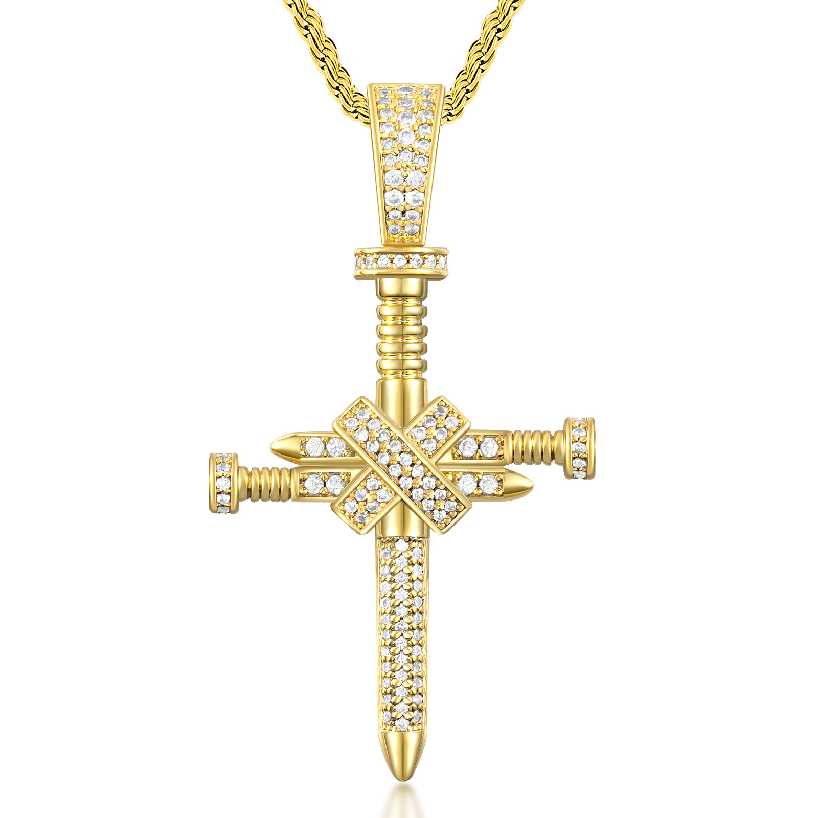 Men’s Rose Gold Cross Necklace, Iced Out Sword Cross Pendant, Hip-Hop Rope Chain Bling Jewelry