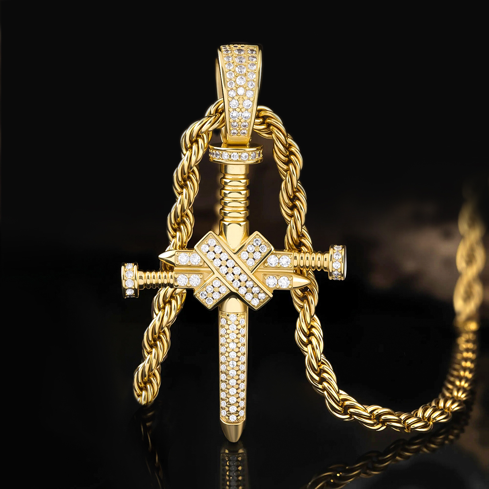 Men’s Rose Gold Cross Necklace, Iced Out Sword Cross Pendant, Hip-Hop Rope Chain Bling Jewelry