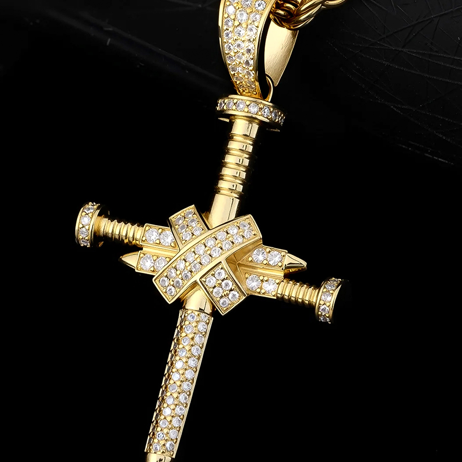 Men’s Rose Gold Cross Necklace, Iced Out Sword Cross Pendant, Hip-Hop Rope Chain Bling Jewelry