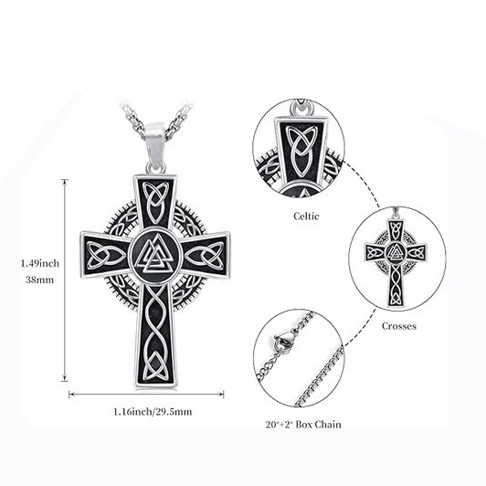 Men’s Silver Celtic Cross Pendant Necklace, Norse Viking Stainless Steel Jewelry