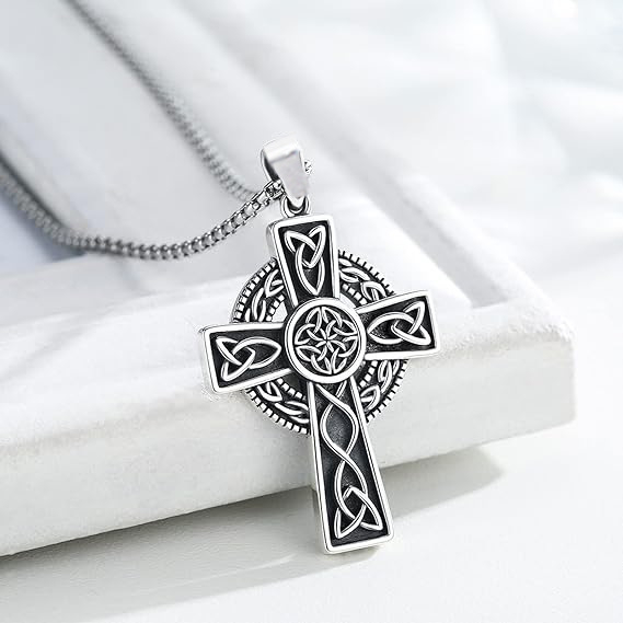 Men’s Silver Celtic Cross Pendant Necklace, Norse Viking Stainless Steel Jewelry