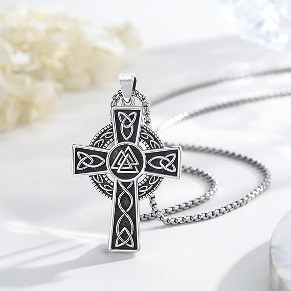 Men’s Silver Celtic Cross Pendant Necklace, Norse Viking Stainless Steel Jewelry