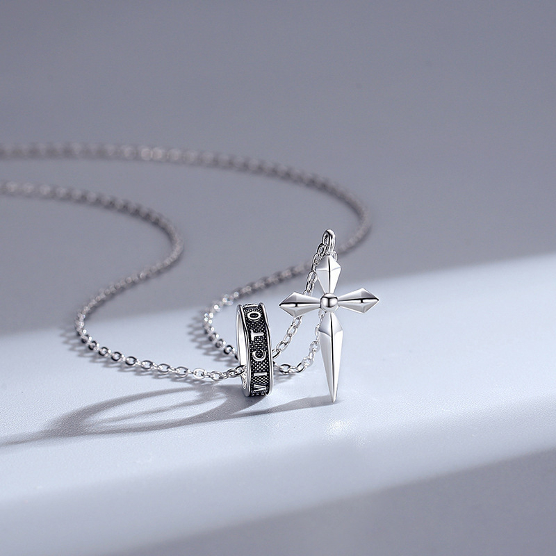 Men's Sterling Silver Crucifix Pendant Necklace with Vintage Black Engraved Ring – Gothic Minimalist Jewelry for Men