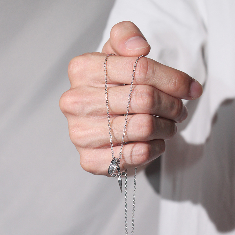 Men's Sterling Silver Crucifix Pendant Necklace with Vintage Black Engraved Ring – Gothic Minimalist Jewelry for Men