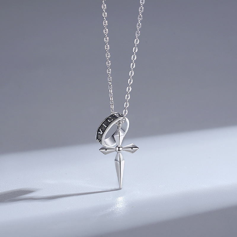 Men's Sterling Silver Crucifix Pendant Necklace with Vintage Black Engraved Ring – Gothic Minimalist Jewelry for Men