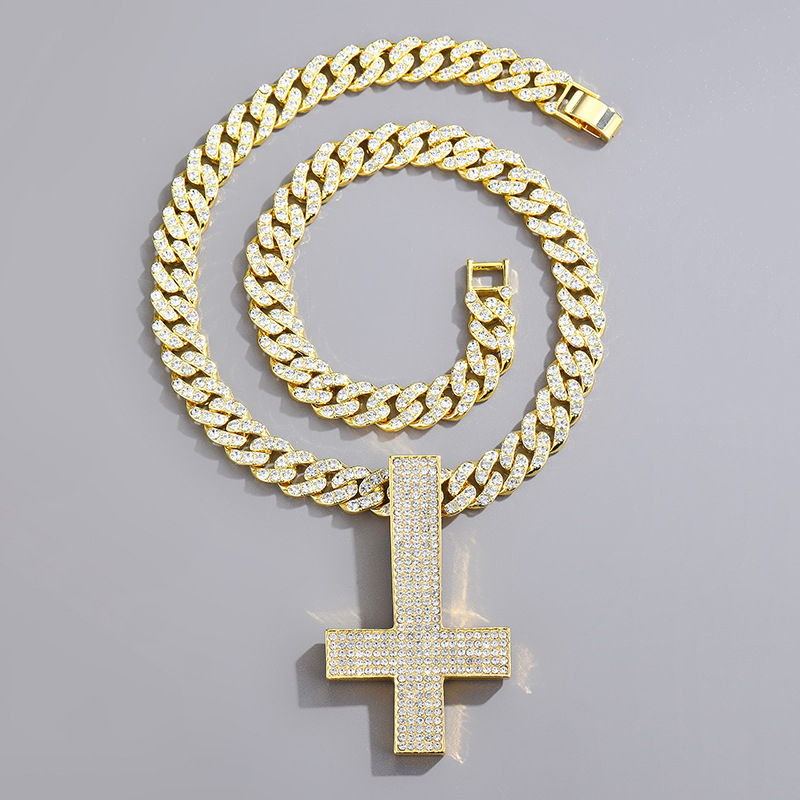 Men’s Iced Out Inverted Cross Pendant Necklace, White Gold/Gold Cuban Link, Stainless Steel Hip Hop Jewelry