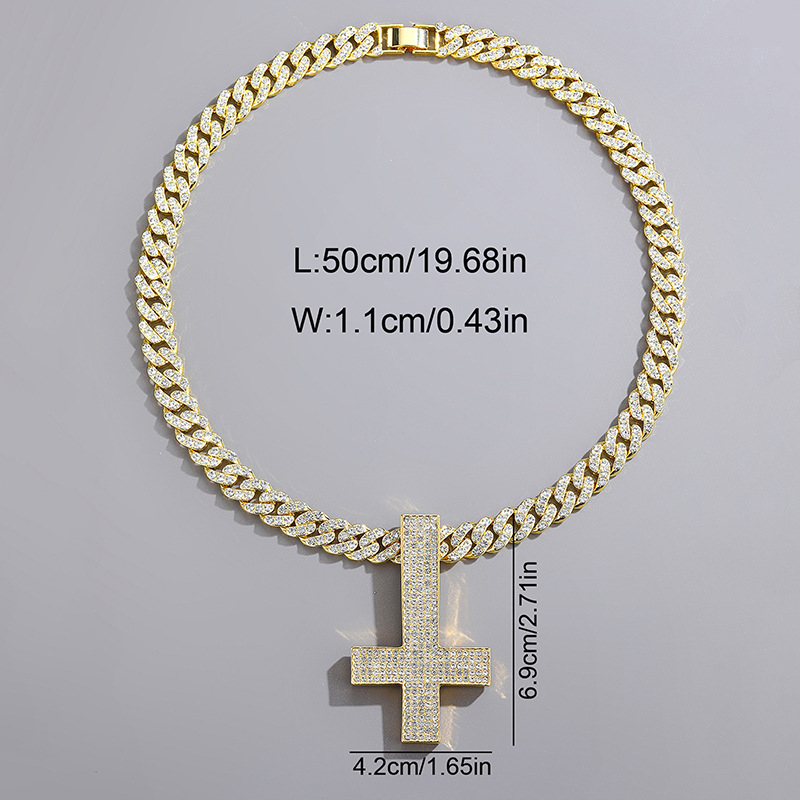 Men’s Iced Out Inverted Cross Pendant Necklace, White Gold/Gold Cuban Link, Stainless Steel Hip Hop Jewelry