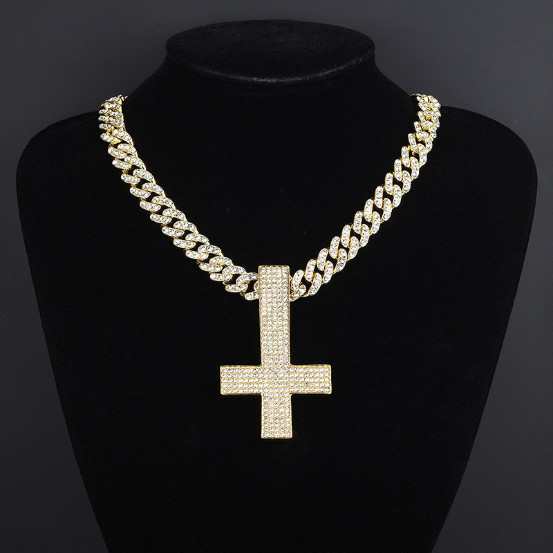 Men’s Iced Out Inverted Cross Pendant Necklace, White Gold/Gold Cuban Link, Stainless Steel Hip Hop Jewelry