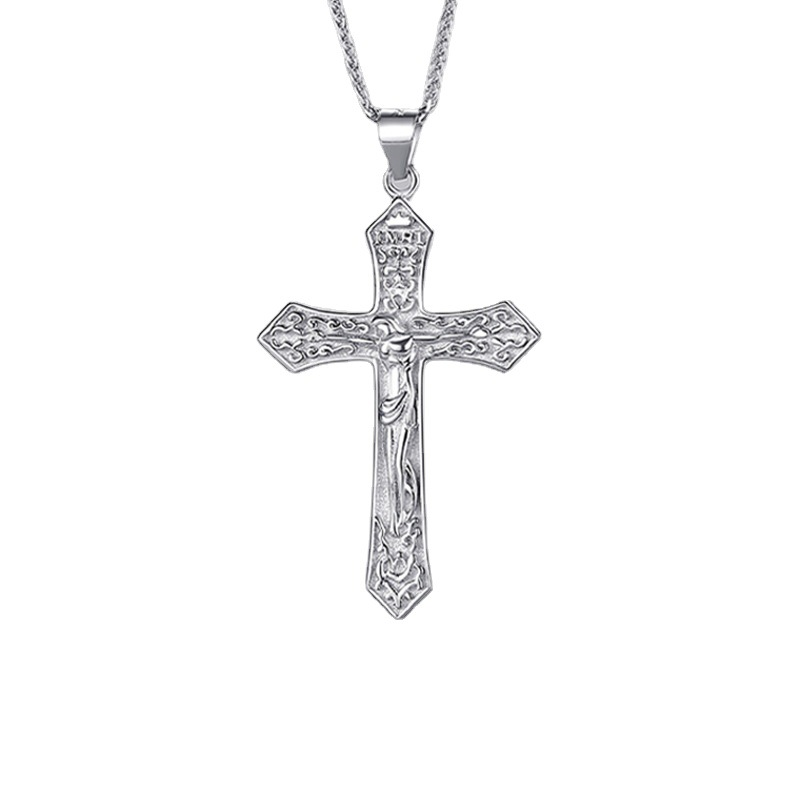 Men's Stainless Steel Cross Pendant Necklace - Silver Jesus Crucifix Necklace for Men