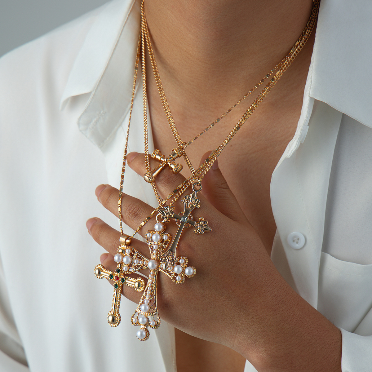 Men's Western Cross Necklace Set – Layered Gold Chains with Ornate Cross Pendants