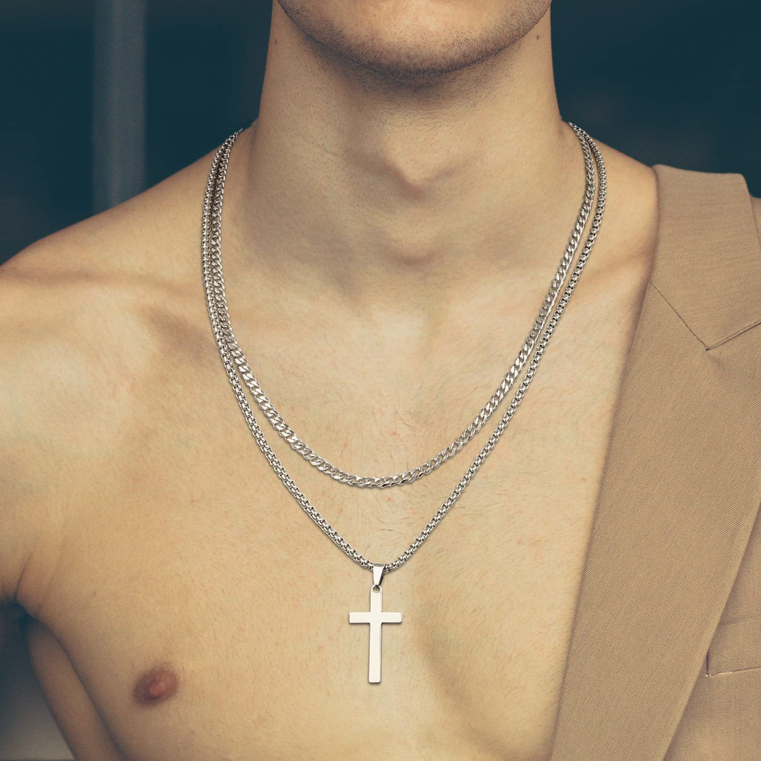 Mens White Gold Cross Pendant Necklace – Stylish Metal Cross Chain for Men