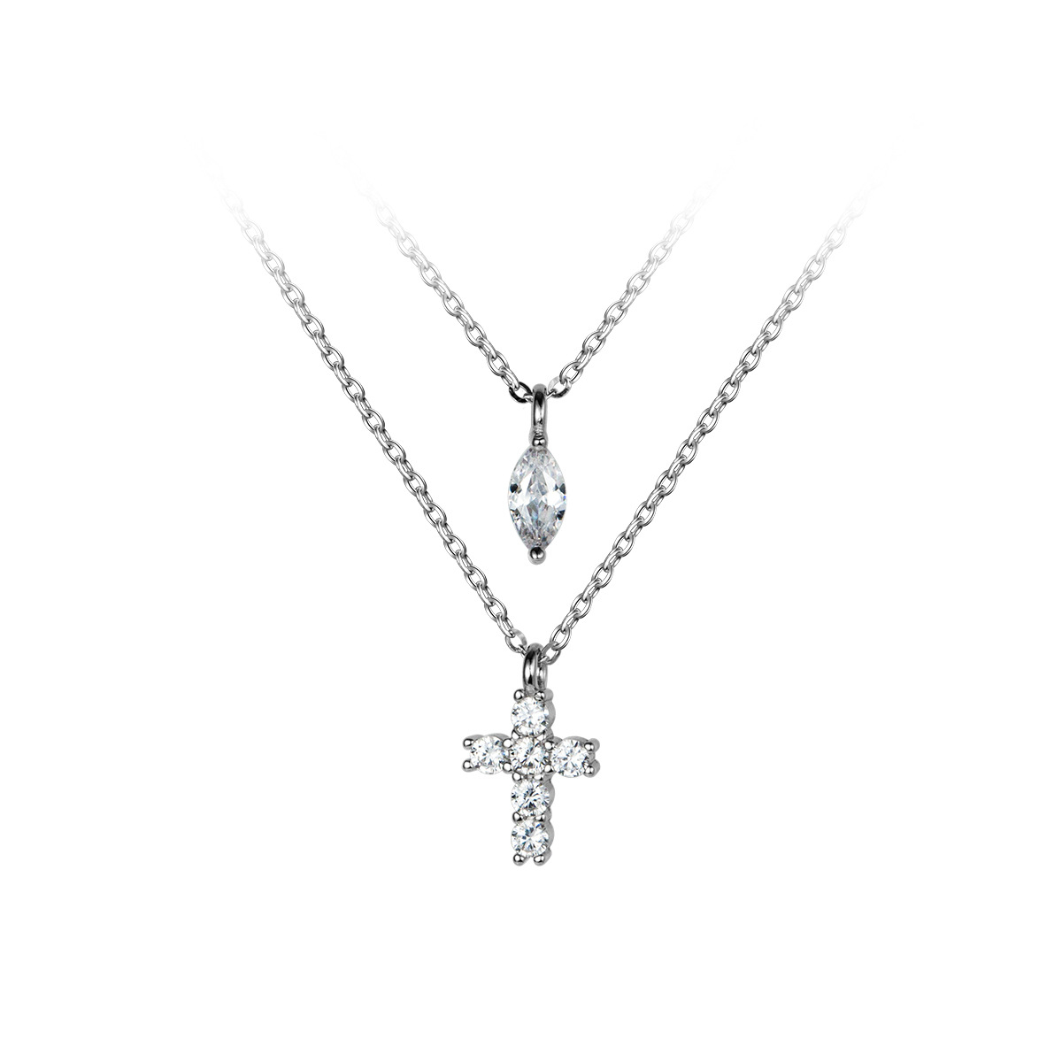 Minimalist Small Silver Cross Layered Necklace – Double Chain Dainty Jewelry