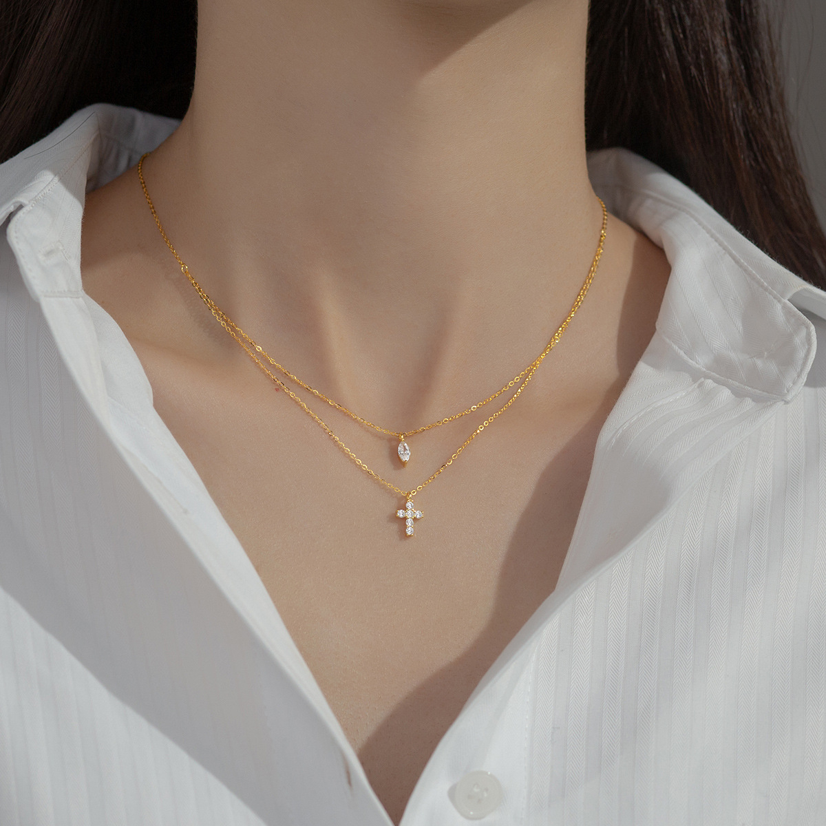 Minimalist Small Silver Cross Layered Necklace – Double Chain Dainty Jewelry