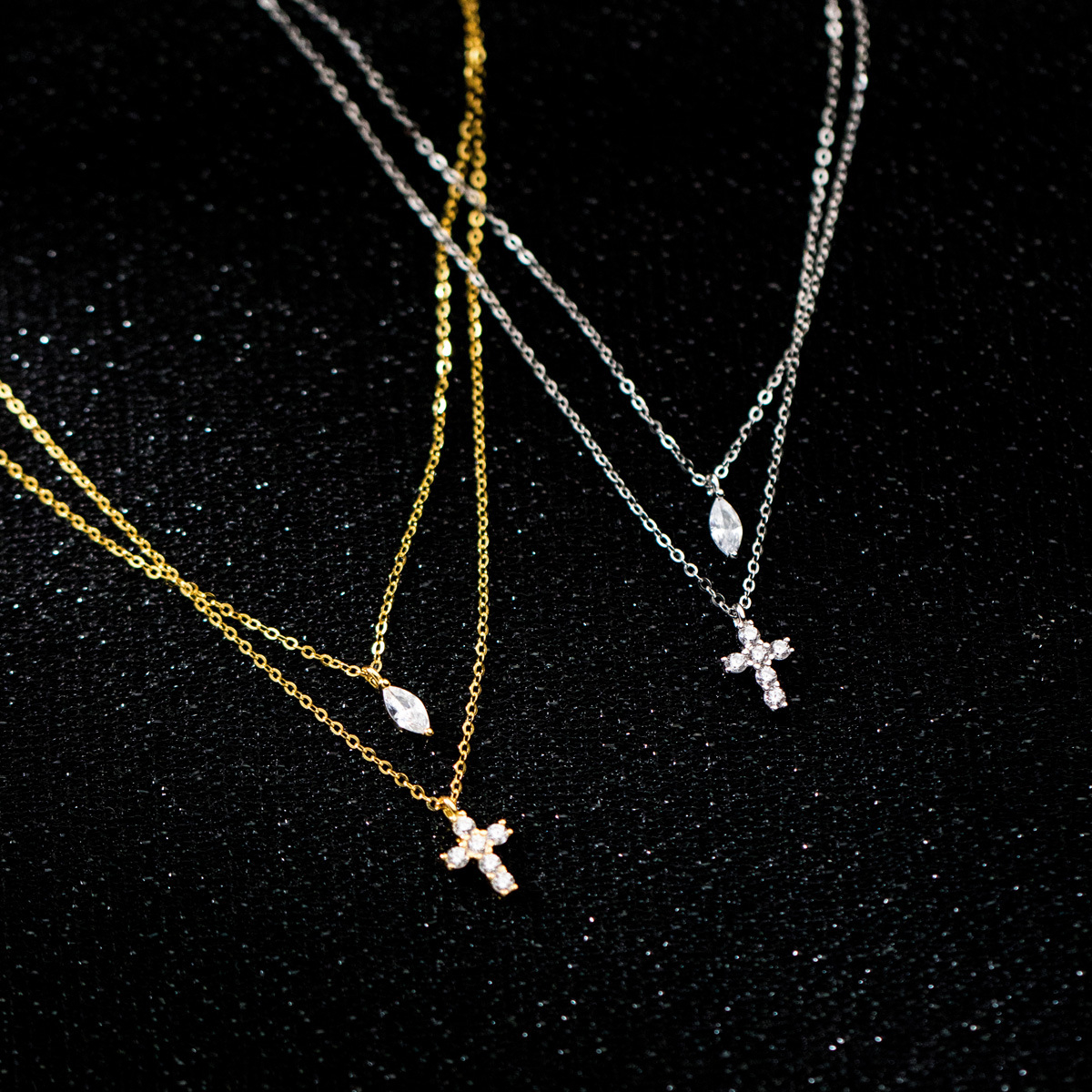 Minimalist Small Silver Cross Layered Necklace – Double Chain Dainty Jewelry