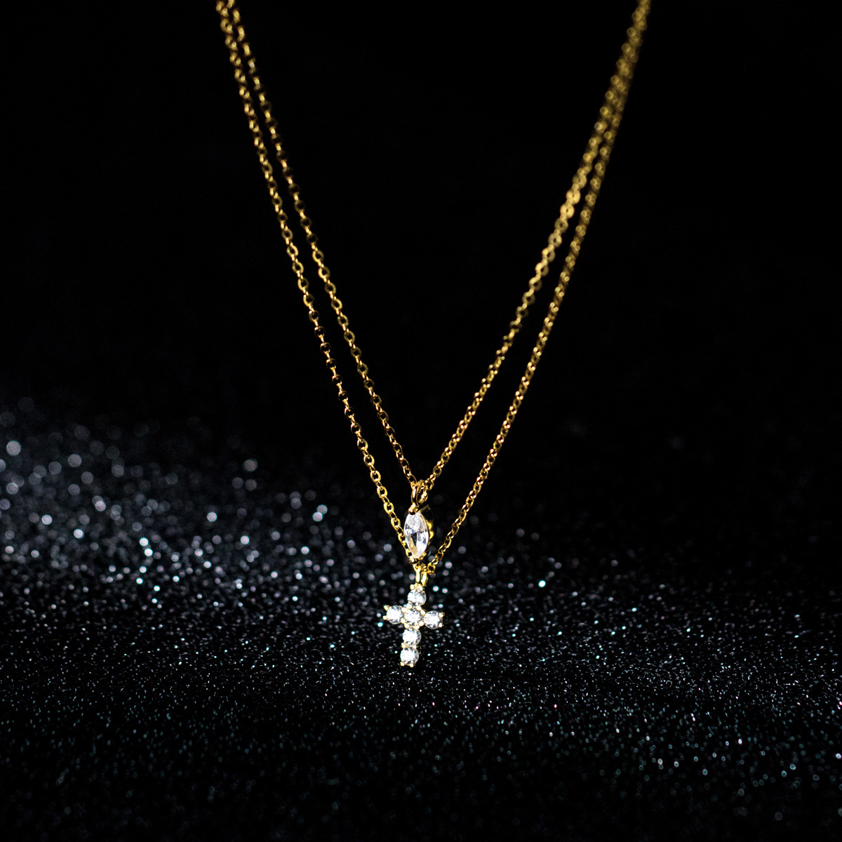 Minimalist Small Silver Cross Layered Necklace – Double Chain Dainty Jewelry