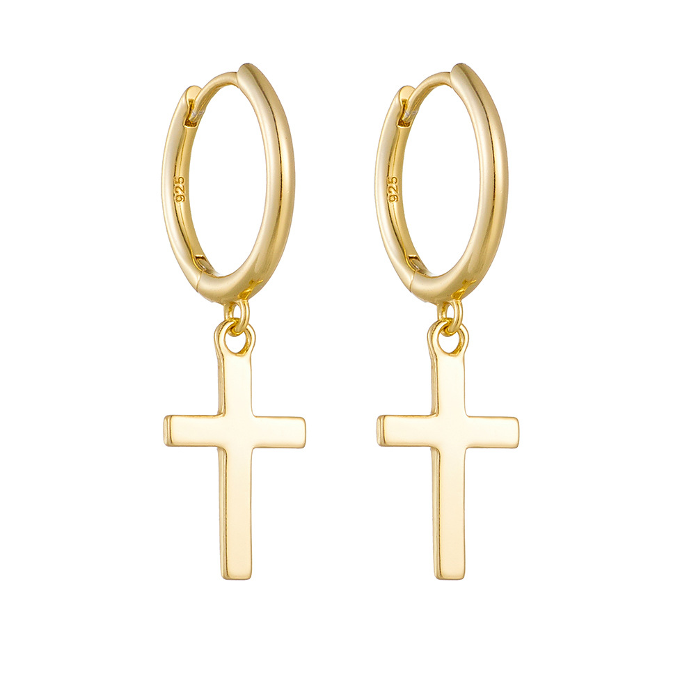 Minimalist Gold Plated 925 Sterling Silver Cross Hoop Earrings for Women