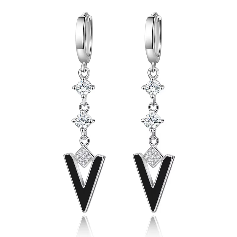 Geometric Water-drop Ear Long Triangle V-shaped Diamond-studded Earrings