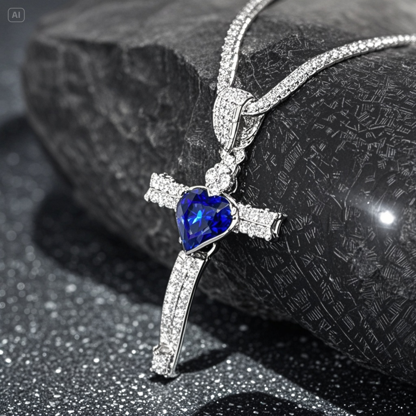 Necklace with Heart and Cross, Blue Heart Center Stone, Luxury Silver Pavé Chain, Elegant Christian Jewelry