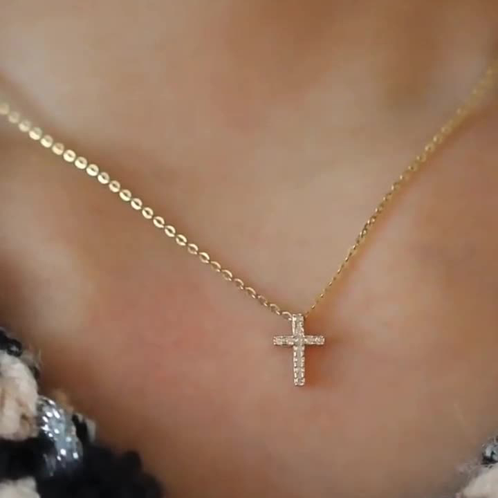 Petite Cross Necklace – Dainty Gold Plated Cross Pendant with Cubic Zirconia for Women