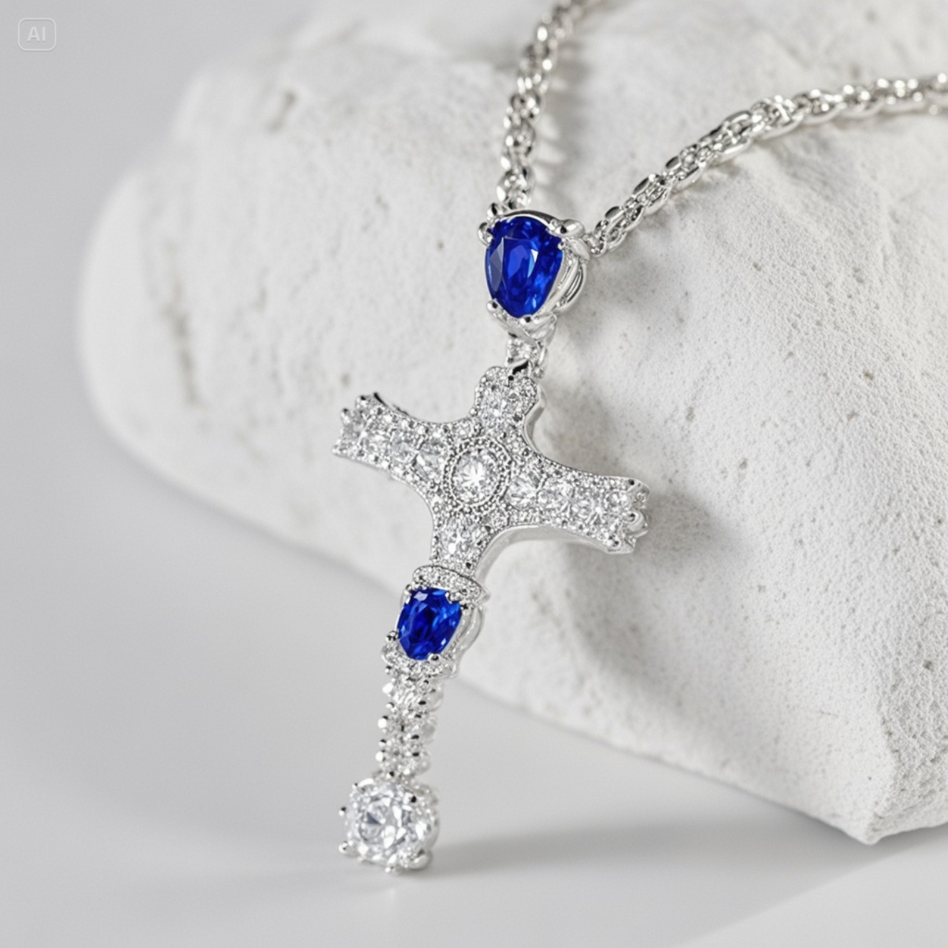 Platinum Cross Necklaces for Women – Elegant Sapphire & Diamond CZ Pendant