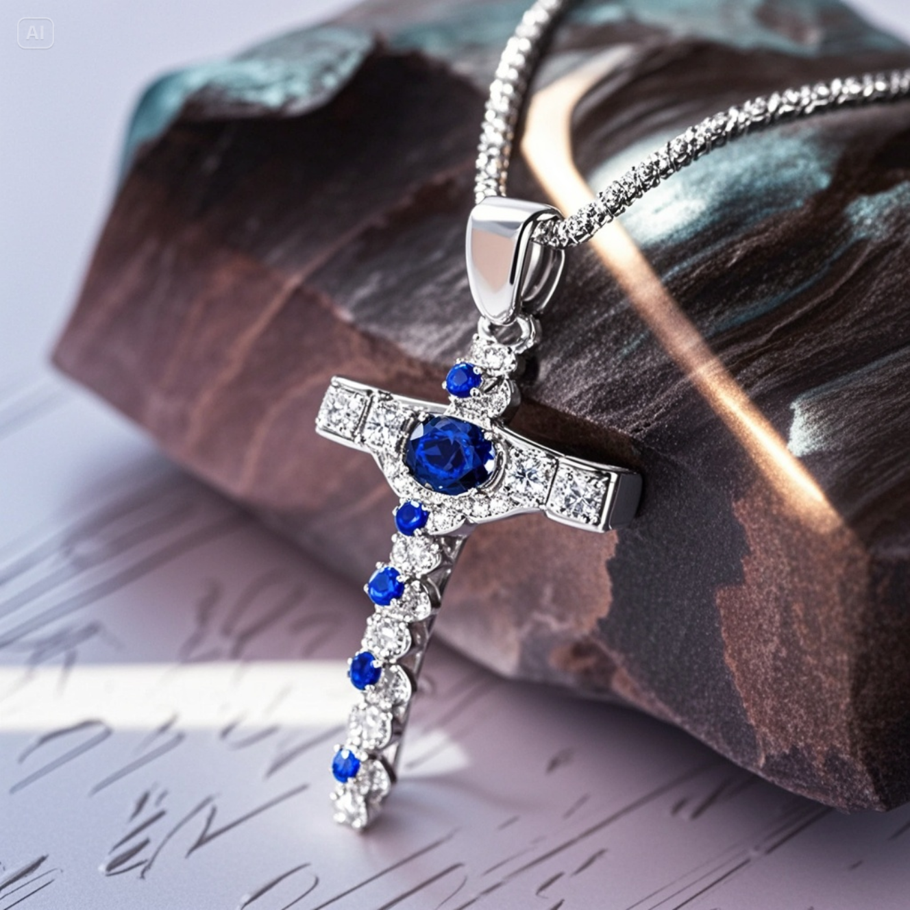 Platinum Diamond Cross Necklace for Women – Elegant Blue & White Stones, On Sale Now