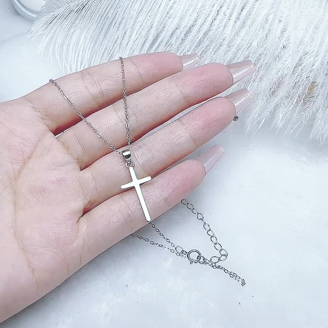 Men's Pure Sterling Silver Cross Necklace - Real Silver Chain Minimalist Design