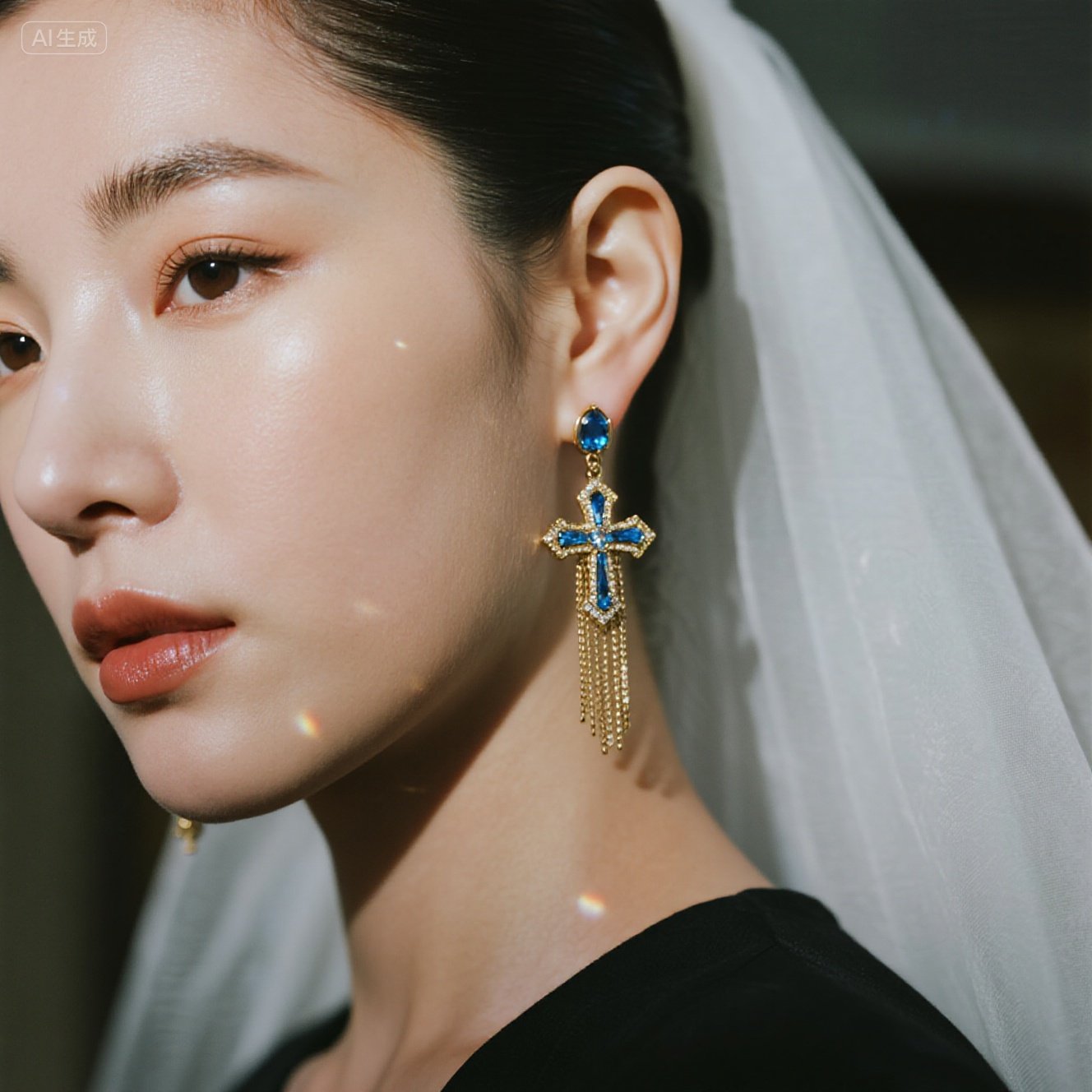 Royal Cross Earrings – Gold Drop Earrings with Blue Gemstones & Tassel Chains